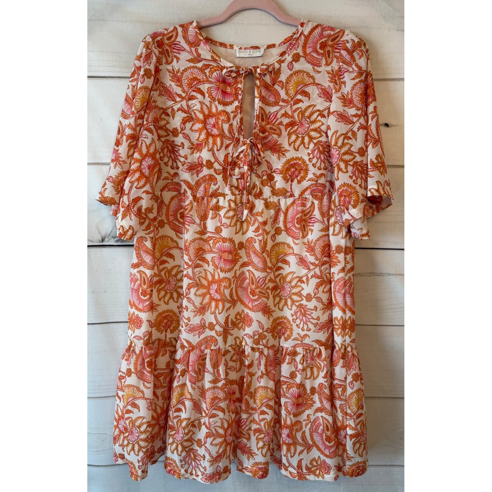 Smith & Quinn Orange Pink Floral Paisley Tiered Mini Dress Large Boho Summer